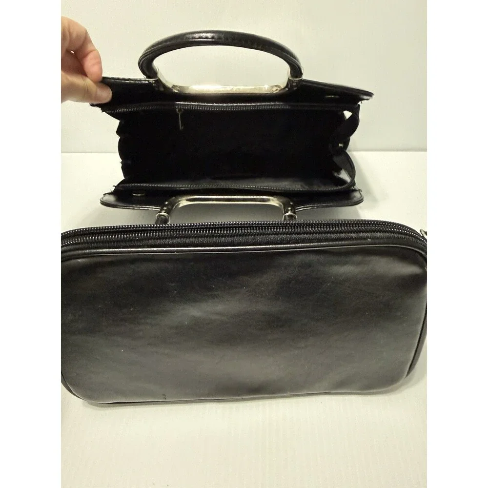 Black Faux Leather Metal Handle Handbag Purse With Removable Insert Vintage